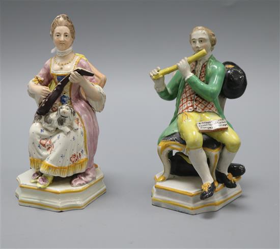A pair of Staffordshire pearlware figures of seated musicians, after a Meissen model tallest 14cm